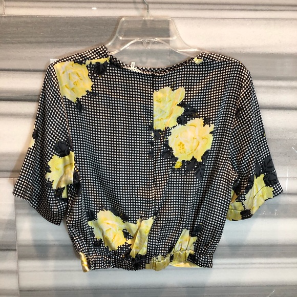GANNI Calla Floral Plaid Silk-blend Twist Crop Top - Picture 6 of 7